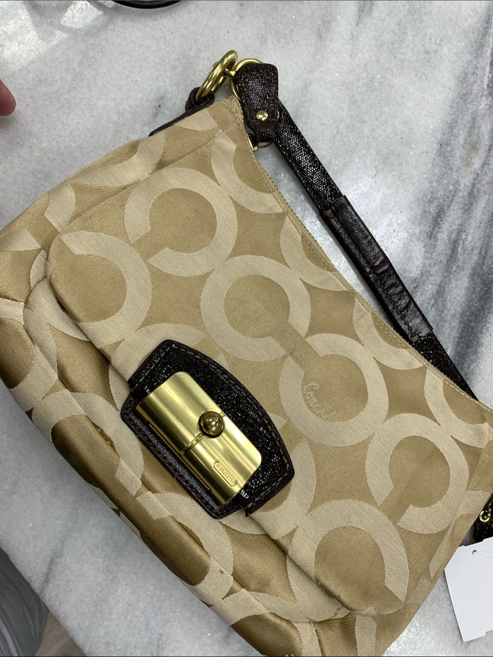 Coach Tan Signature Canvas Shoulder Bag with Dark Brown Trim and Gold Hardware - Picture 7 of 11